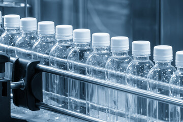 The  empty drinking water bottles  on the conveyor belt for filling process.