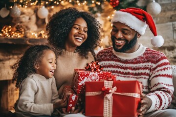 African family celebrating christmas with gifts and laughter, opening presents.