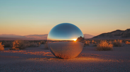 A stunning reflective sphere captures the last light of the sunset, surrounded by a serene desert landscape, creating a mesmerizing blend of nature and abstract art.