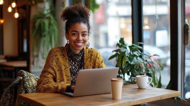 Smiling african female adult working on laptop in cozy cafe with coffee.Online working and styding concept.