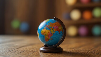 Colorful miniature globe on a wooden table with a soft-focus background.