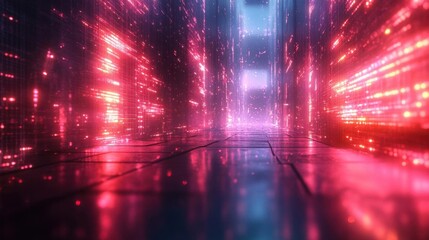 Hightech digital fractals with glowing neon grids and layered reflections