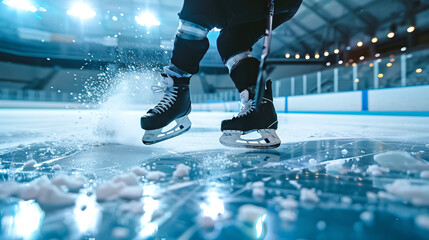 Obraz premium A close-up view of a hockey player's skates in motion on an ice rink, capturing the dynamic spray of ice. The image highlights sports action, hockey equipment, and athletic performance