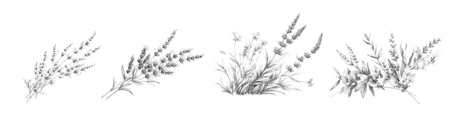 Fototapeta premium Elegant black and white botanical illustration of lavender flowers and foliage.