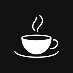 Simple coffee logo design. Abstract coffee cup with smoke. White icon on black background