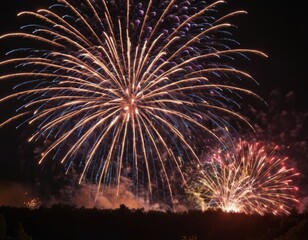 a night sky filled with colorful fireworks. There are several large bursts of fireworks, with the largest one in the center displaying a pattern of bright, radiating lines in shades of orange and whit