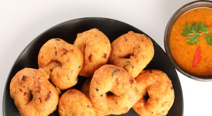 Medu wada or vada, a fried snack or Southindian breakfast made from fermented Urad dal batter