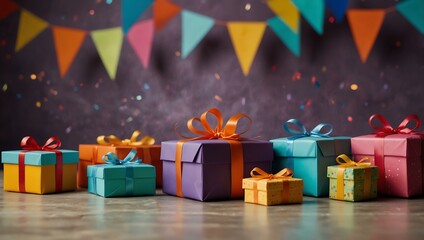 Colorful party decorations and gift boxes for celebration.