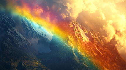 Naklejka premium Majestic Rainbow Over Mountain Peaks at Sunset
