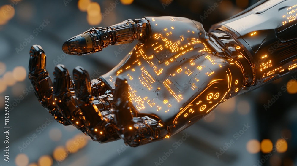 Poster futuristic robotic hand with glowing circuits, close-up.