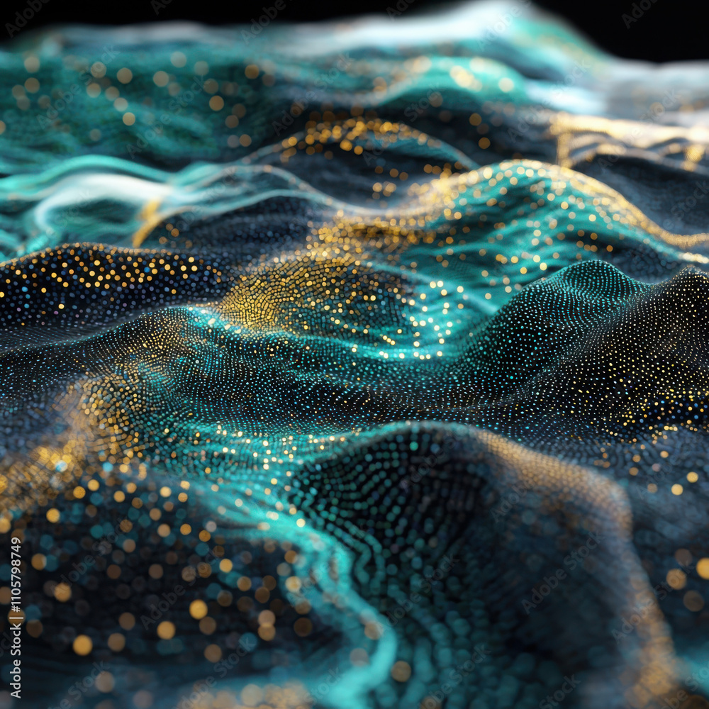 Poster quantum dot landscape tiny technological organisms creating intricate structures in a digital enviro