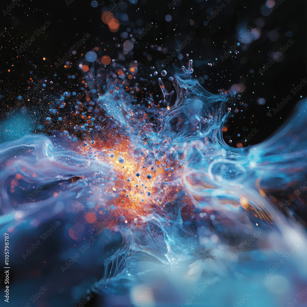 Poster visualizing quantum fluid dynamics molecular movement in technological contexts scientific environme