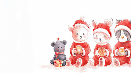 Naklejka premium Watercolor Art of Cute Animals in Santa Hats Holding Gifts Concept of Holiday Cheer, Christmas Celebration, Festive Joy, and Seasonal Adorability. White background. Copy space