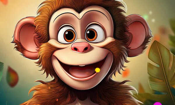 Animal with big ears and tail, children's card, poster. Happy cute monkey, cartoon illustration.