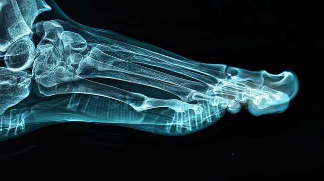 X-ray image of a human foot highlighting bone structure and detail. Concept of medical imaging, anatomy study, skeletal system examination, radiology