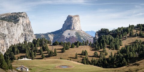 Panorama of Mont Aiguille in Vercors, France. Autumn vibes. blue sky