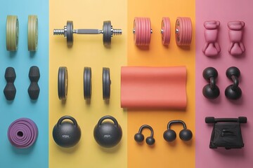 Colorful fitness equipment on multicolored background