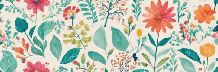 Fototapeta premium a decorative pattern featuring a variety of colorful flowers and leaves. The background is a light cream color, and the floral design includes flowers in shades of pink, orange, and red