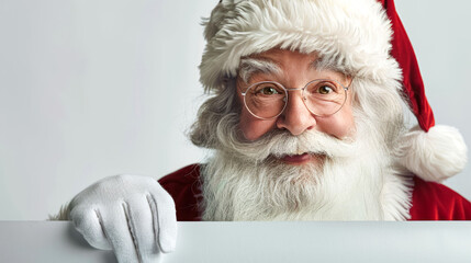 Naklejka premium Santa Claus in red suit and gloves holding blank sign. Concept of Christmas, holiday season, winter celebration, festive occasion. Greeting card, postcard, mockup, invitation, letter. Copy space