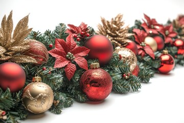 Christmas garland border with red and gold ornaments on white background, festive decoration for holiday season, Christmas celebration.