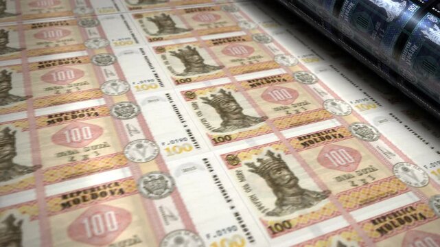Moldova money Moldavian Lei banknotes printing roll machine loop. Paper 100 MDL bank note print 3d looping seamless. Abstract concept of banking, finance, economy and crisis.