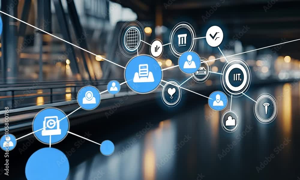 Poster icons represent various digital networking concepts floating over a reflective surface, emphasizing 