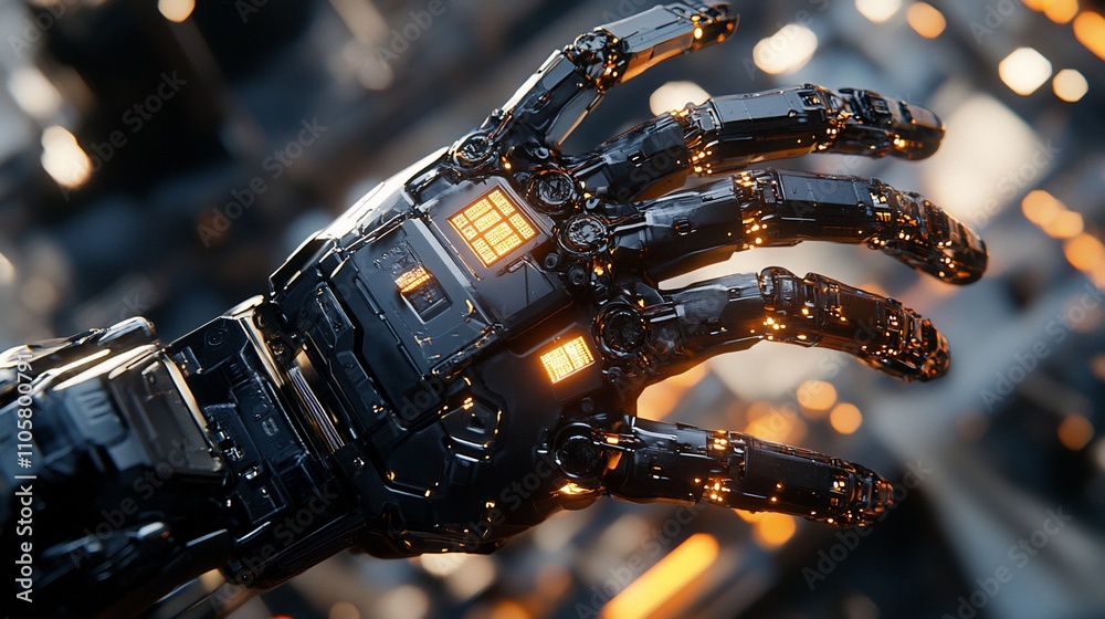 Poster Close-up of a futuristic robotic hand with glowing components.