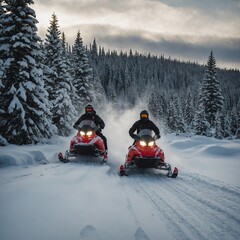 A snowmobile ride through a snowy wilderness with holiday cheer.