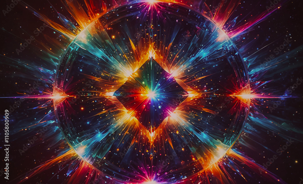 Poster colorful, multi-colored starburst with a diamond shape in the middle. the starburst is surrounded by
