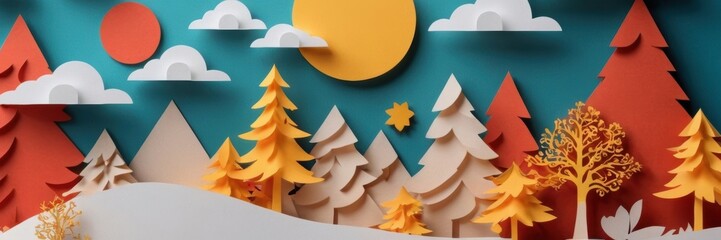 Naklejka premium a colorful, stylized illustration of a landscape made to look like a paper cut-out scene. It features a variety of trees in shades of orange, yellow, and red, suggesting an autumn theme