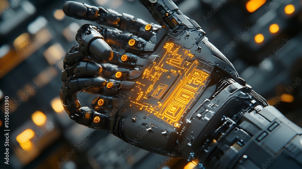 Poster Close-up of a futuristic robotic hand with illuminated circuits.