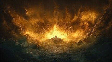 Fototapeta premium Massive explosion erupts, illuminating dark clouds over a distant structure during a dramatic sunrise