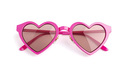 A pair of heart-shaped sunglasses with bright pink frames, isolated on white