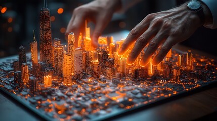 Glowing Holographic City Map Floating Before Businessperson Highlighting Points of Interest
