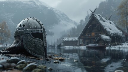 Viking helmet rests by snowy fjord village.