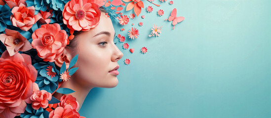 Fototapeta premium Girl in a crown of paper flowers on a blue background. AI generated.