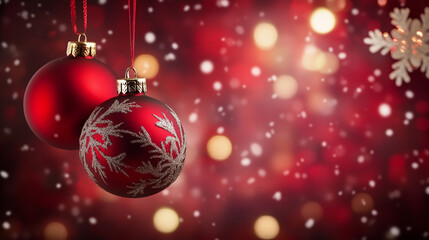 Fototapeta premium Festive Red Christmas Background with Hanging Ornaments and Snowflakes, Bokeh Lights, Copy Space. Perfect for Holiday Greetings, Winter Wonderland Themes, and Seasonal Designs.