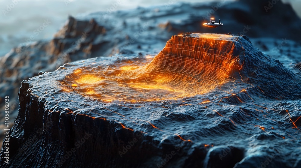 Poster glowing holographic spacecraft orbiting a digital model of mars with projected topography and real t