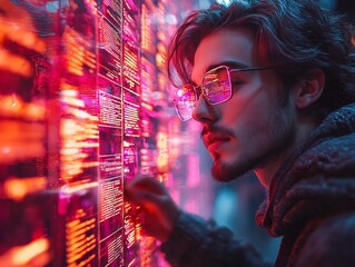 Student Studying in a Futuristic Digital Library with Glowing Holographic Books