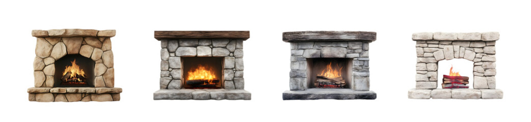 Four diverse stone fireplaces with warm flames, showcasing unique designs and textures.