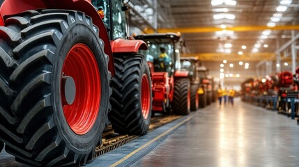 Large agricultural machinery lined up in a dynamic manufacturing facility showcasing modern farm equipment and skilled workers
