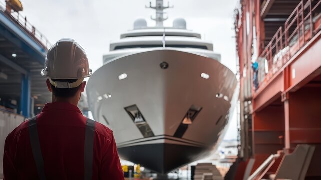 Worker Observes Large Yacht in Shipyard During Construction Process, Highlighting Engineering and Design Skills in Maritime Industry