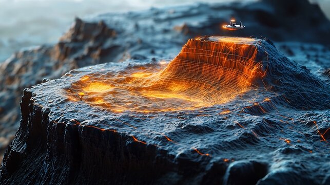 Glowing Holographic Spacecraft Orbiting a Digital Model of Mars with Projected Topography and Real Time Data