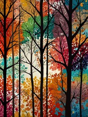 Colorful tree with hanging branches for wallpaper or floral designs.