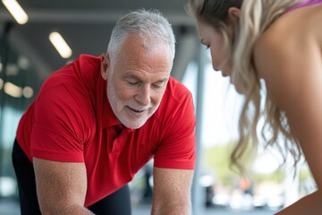 An older male trainer supports a client, guiding him through a fitness routine, emphasizing the importance of personalized coaching and mentorship for seniors.
