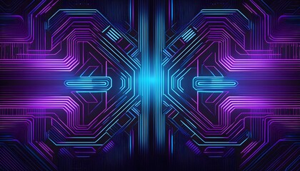 Neon blue and purple circuit board design with a symmetrical pattern