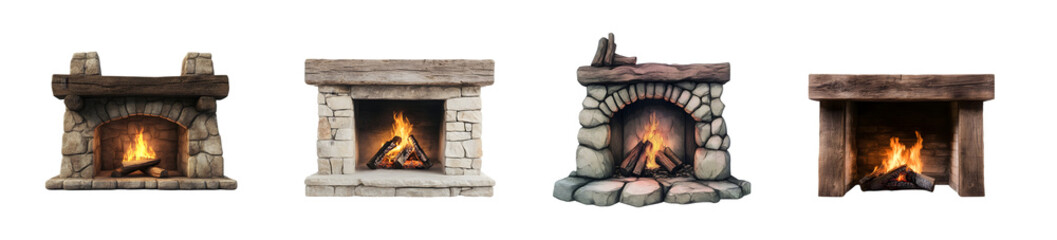 Various rustic fireplaces featuring warm glowing flames and natural stonework.