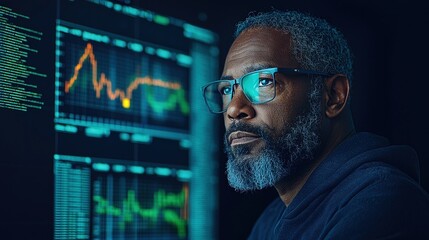 Determined cybersecurity expert analyzes network vulnerabilities late at night with glowing monitors and a mechanical keyboard in a high-tech command center