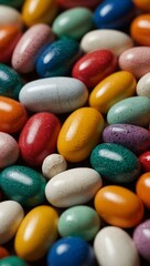 Colorful variety of pills displayed.