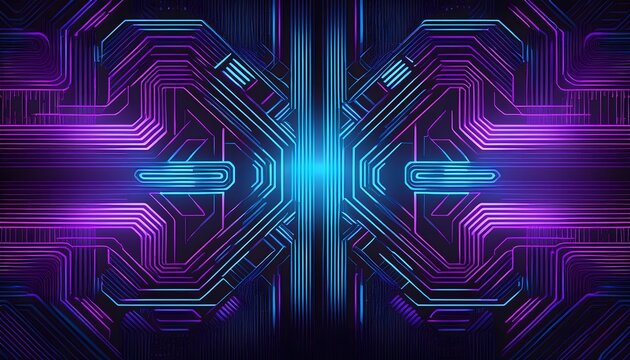 Neon blue and purple circuit board design with a symmetrical pattern
